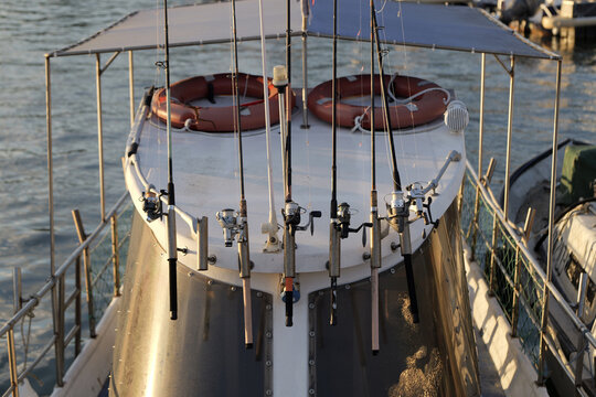 Fishing boat displaying rods and reels for sport fishing