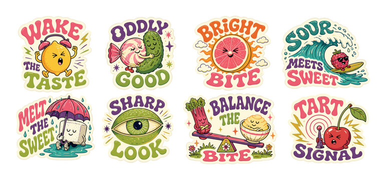 Retro cartoon food stickers with funny characters featuring a lemon, pickle, grapefruit, raspberry, sugar cube, lime, rhubarb, and cherry with playful typography slogans