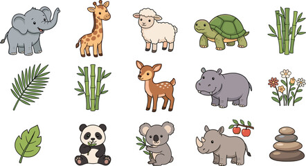 Obraz premium Cute Cartoon Wild Zoo Animals Clipart Set with Elephant Giraffe Panda Koala Hippo and Tropical Bamboo Elements for Children Educational Graphic Vector Designs