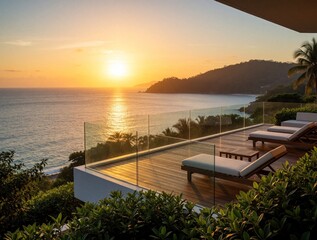 Obraz premium Luxury hotel balcony with sun loungers overlooking ocean at sunset. Tropical island coast, warm golden light on sea and hills. Idyllic vacation resort ambiance.