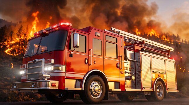 Red Fire Truck Emergency Vehicle Parked in Front of Intense Forest Wildfire