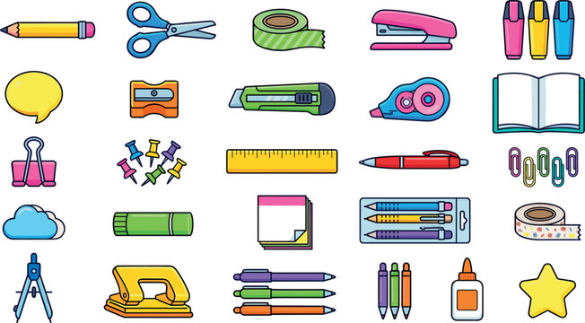 Cute Stationery and School Supplies Icon Set with Pencil Scissors Stapler Highlighter Notebook and Office Desk Accessories for Graphic Vector Designs