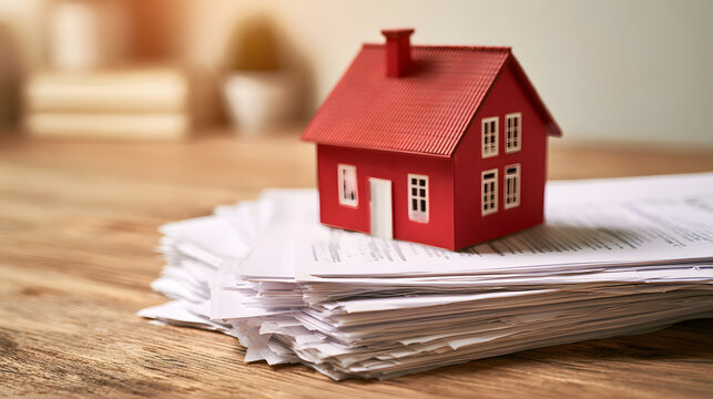 A house blueprint supported by property papers signifies mortgage documentation, real estate dealings, and home finance.