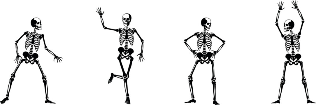 Four skeletal figures in various poses black silhouette illustration