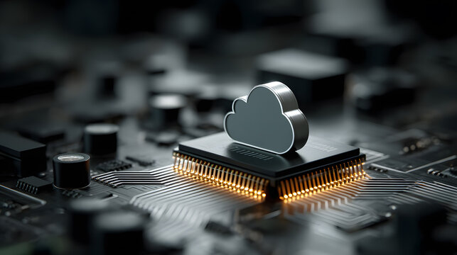 Cloud computing concept with metallic cloud icon on computer microchip CPU on circuit board
