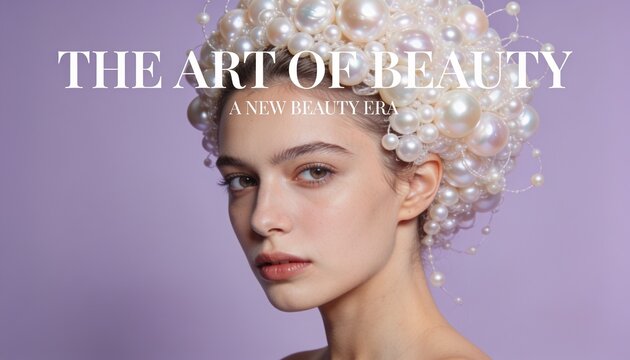 beauty editorial featuring a female model with a sculptural hairstyle made from hundreds of freshwater pearls, natural skin and high-fashion styling against a soft lavender backdrop.