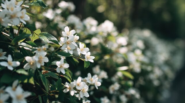 White jasmine flowers on green foliage, soft bokeh botanical background, fragrant blossom closeup for nature design
