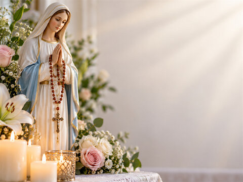 Statue of our lady with a rosary stands beside glowing candles roses lilies and dawn light creating a peaceful marian devotional scene centered on prayer faith grace comfort and spiritual reflection