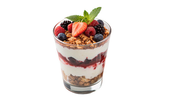 Healthy breakfast yogurt parfait with fresh berries and granola in glass isolated on transparent background