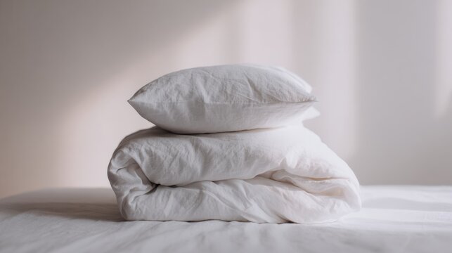 Minimalist white pillows on bed, soft cotton bedding and linen texture, cozy bedroom interior decor for hospitality