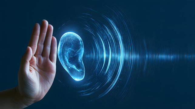 A woman's hand is seen cupping near a glowing digital ear, set against a blue background. The image conveys awareness for hearing loss and deafness, on the theme of International Deaf Day. It emphasiz
