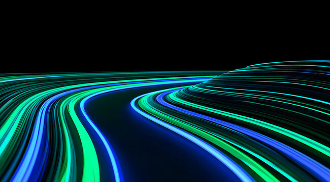An illustration featuring neon green and blue lines ascending against an abstract black backdrop.