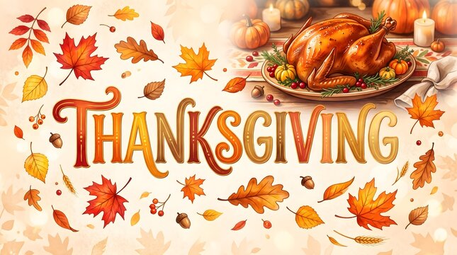 A festive thanksgiving background featuring a roasted turkey dinner centerpiece surrounded by beautiful colorful autumn fall leaves on a bright white textured surface
