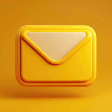 Minimal 3D yellow envelope icon on orange background, email message symbol, glossy plastic notification badge for UI