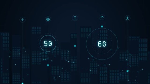 Abstract futuristic city skyline graphic representing 5G and 6G network evolution with digital icons