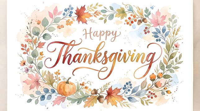 A beautiful watercolor illustration featuring a festive happy thanksgiving greeting card design surrounded by colorful autumn leaves pumpkins and seasonal fall floral elements