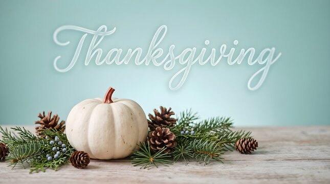 A beautiful white pumpkin with pine cones and evergreen branches on a rustic wooden table for a festive and traditional thanksgiving holiday celebration