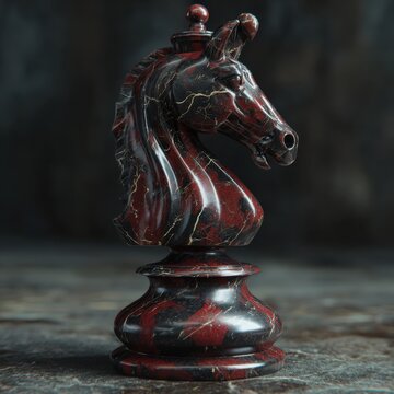 Vintage carved chess knight piece, red and black glossy wood figurine, dramatic moody game strategy concept close-up