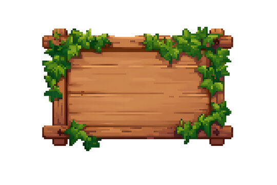 An aged, pixel-style wooden frame with green ivy leaves, set against a pristine white backdrop &mdash; perfect for fantasy game interfaces, message boxes, and adventure game inventory items.