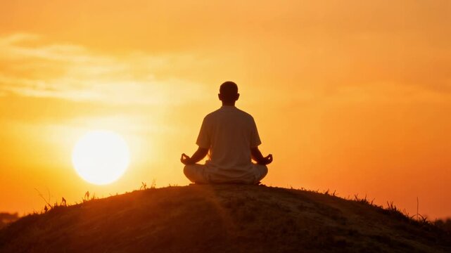 Golden Meditation, solitary silhouette in peaceful repose on hill, facing brilliant, slow-descending orange sunset, ethereal light, long shadows