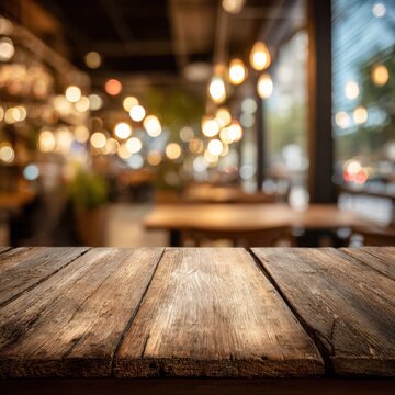 Rustic wooden table foreground, blurred restaurant interior bokeh lights, warm cozy cafe background for menu or branding