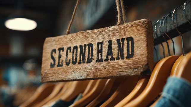 Vintage second hand clothing store sign on burlap fabric, thrift shop retail concept with wooden hangers in warm light