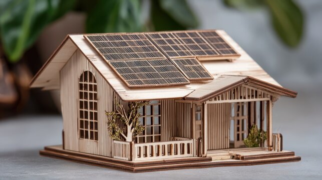 Wooden miniature house with solar panels on roof, eco-friendly architecture model, sustainable energy concept in studio light
