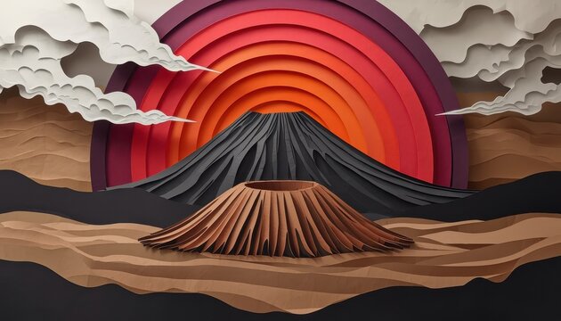3D paper cut art diorama of Mount Bromo volcano crater with smoke and retro pop art sunset background