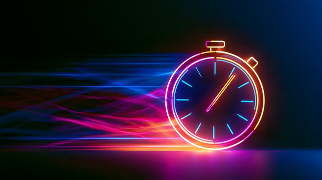 A neon stopwatch highlighting speed and movement in a dark background