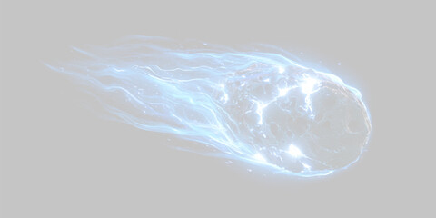 A glowing blue meteorite streaks across the dark space with luminous energy trails. The stony surface crackles with bright electric-like sparks. Movement creates a vivid cosmic effect. ©  Error404