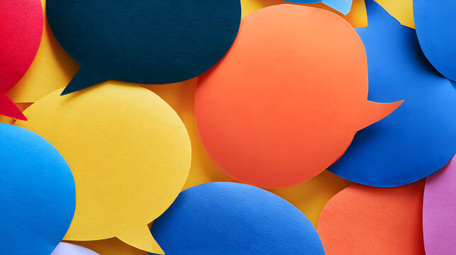 Diverse colored speech bubbles provide a lively setting, symbolizing communication and interaction within a contemporary context