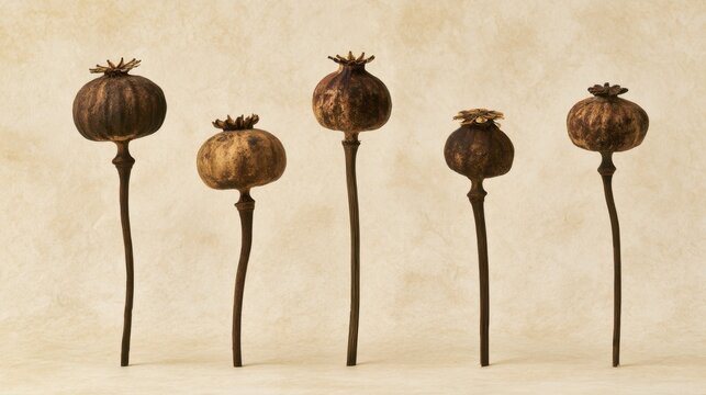 A collection of five dried Poppy pods of different shapes and sizes, arranged horizontally, rich brown tones, textured paper background.