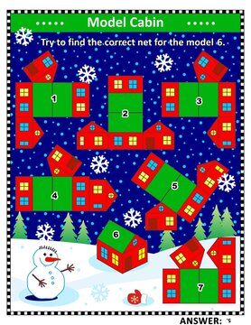 Visual puzzle (suitable both for kids and adults): Find correct net for model house 6. Answer included.
