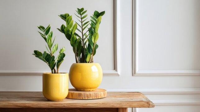 Modern indoor plant decor on wooden table, yellow ceramic pots with green foliage, minimalist home interior background