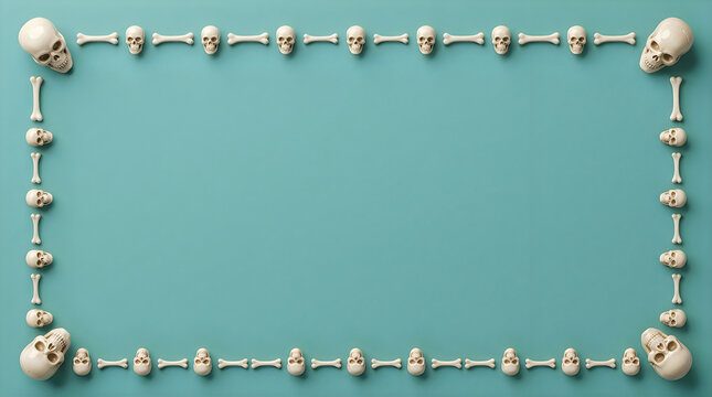 Halloween skull border on teal background, spooky skeleton frame with copy space, decorative bone pattern for holiday invitations