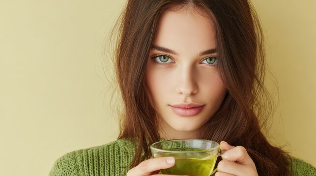 Cozy portrait of young woman holding green tea mug, warm indoor lifestyle photo, natural beauty and comfort concept