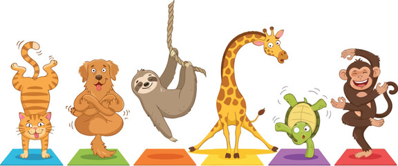 Fototapeta premium A collection of cute cartoon animals performing various yoga poses on colorful mats.