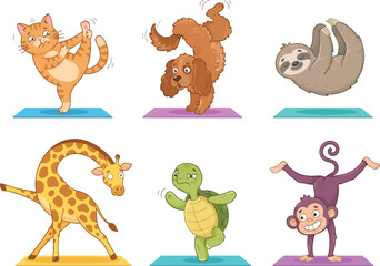 Fototapeta premium A collection of cute cartoon animals practicing various yoga poses on colorful mats.