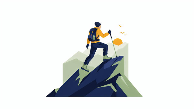 Flat vector illustration of a hiker climbing a mountain peak during a scenic sunset view