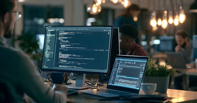 A Closer Look at a Computer Monitor Displaying Backend Code and a SQL Database Query, alongside a Laptop, as an Indistinct Software Developer Writes Scripts in a Bustling Work Environment with Various