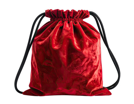 A shiny red drawstring bag with black cords against a black background.