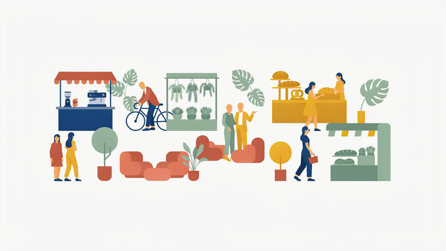 Flat vector illustration of a lively community marketplace scene with small retail shops and people