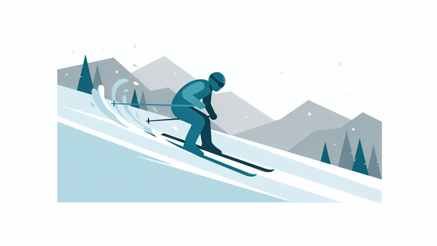 Flat vector illustration of a lone skier gliding down a snowy mountain slope during winter