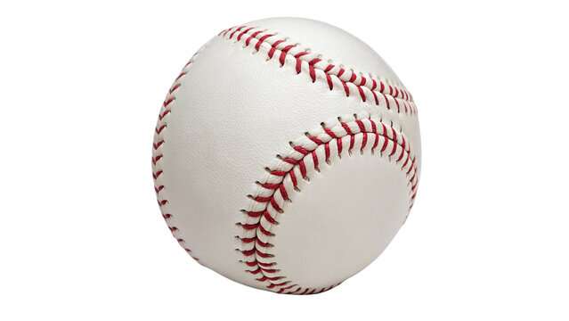 Classic white leather baseball ball with red stitching isolated on transparent background