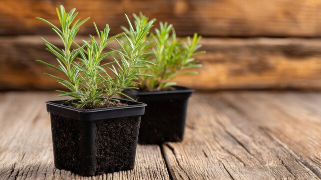 Rustic potted rosemary seedlings on wooden table, fresh herb plant in black nursery pots, natural gardening closeup