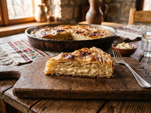 Slice of golden layered Flija pastry served on a rustic wooden cutting board with a silver fork in a cozy traditional dining room