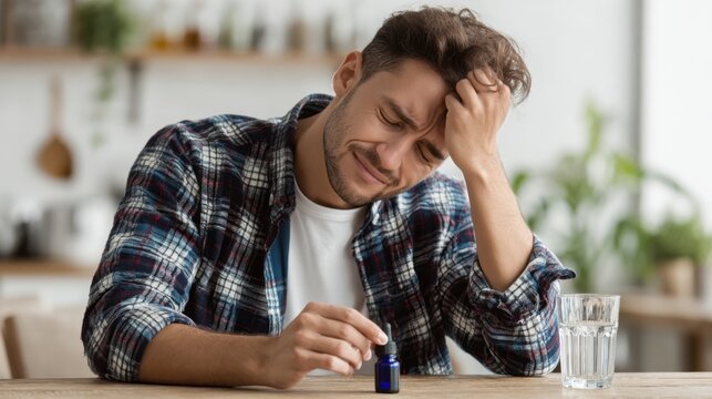 Stressed man writing at table, frustrated adult with head in hand, home workspace stress and mental fatigue concept