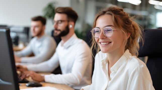 Professional woman smiling at computer in modern office, business team at work, corporate workplace technology scene