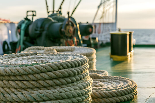 Coiled mooring rope neatly arranged on the steel ship deck beside winches and bollards, bathed in soft light with a calm sea visible beyond; an industrial, maritime, and travel atmosphere.
