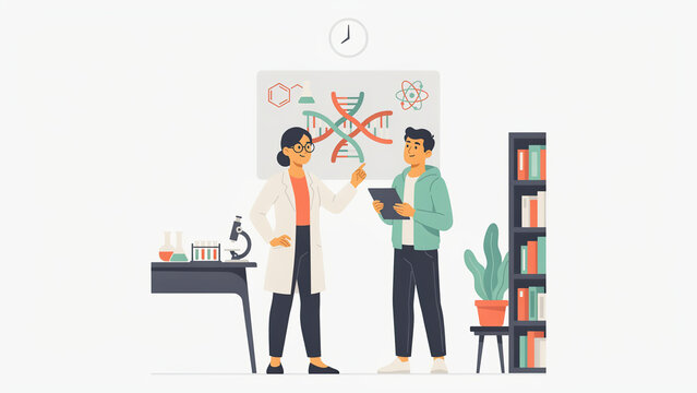 Flat vector illustration of a scientist explaining genetic dna structures to a young student inside laboratory